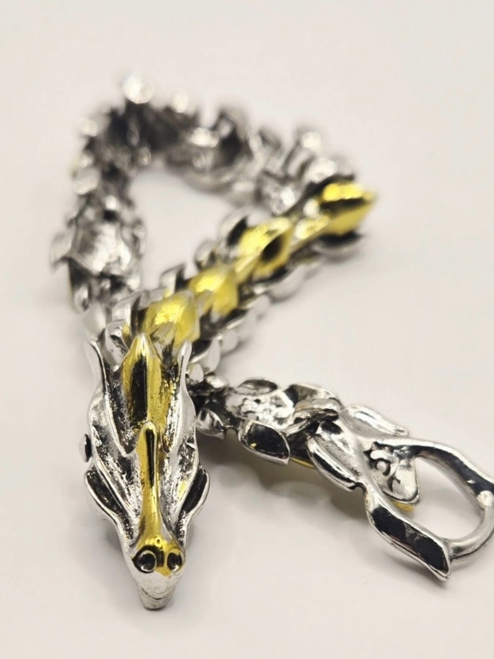 Retro Two-Toned Gold & Silver Metal Dragon Link Bracelet